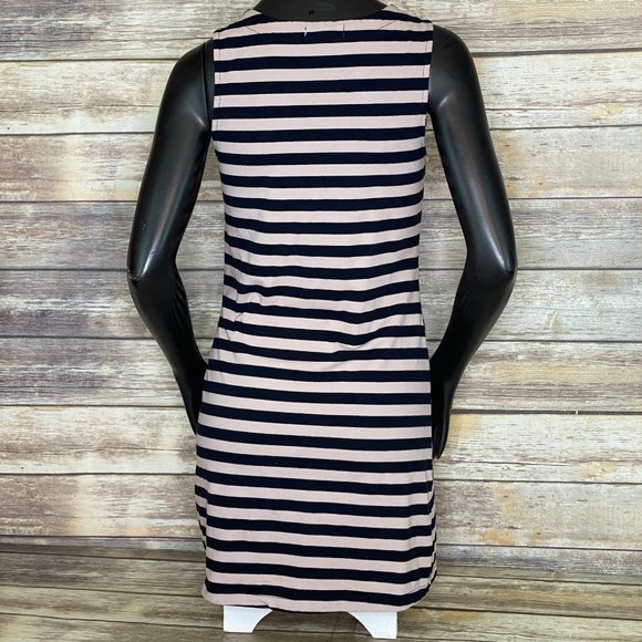 Monteau Navy Blue & Tan Striped Sailor Dress Women's Size Medium Mini Sleeveless - Picture 2 of 6